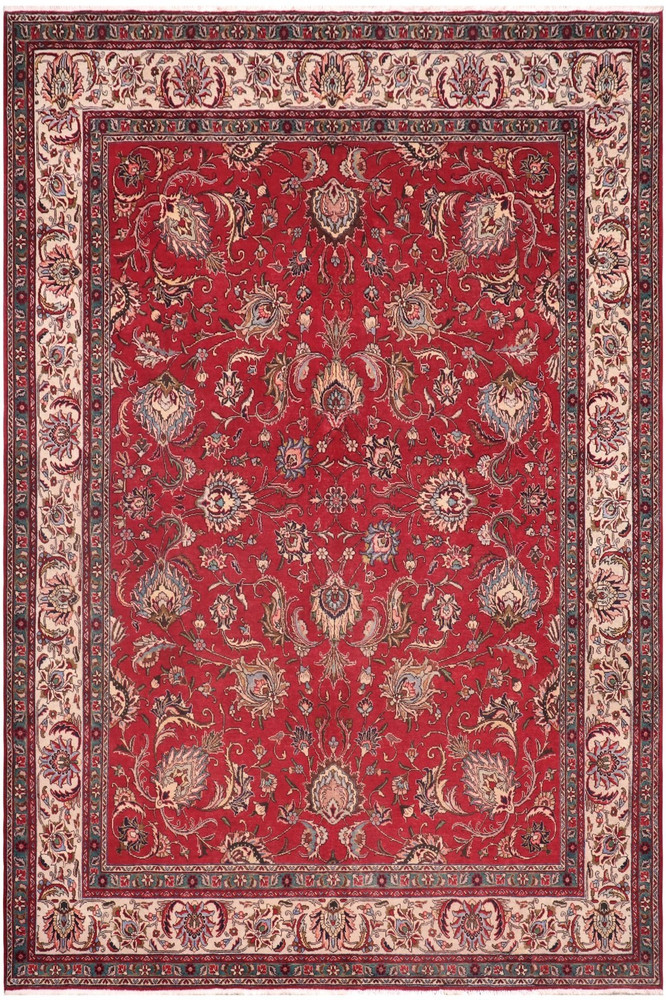 Hand-Knotted Wool Red Blue Rug 9.7x12.9 Allover Red Ivory