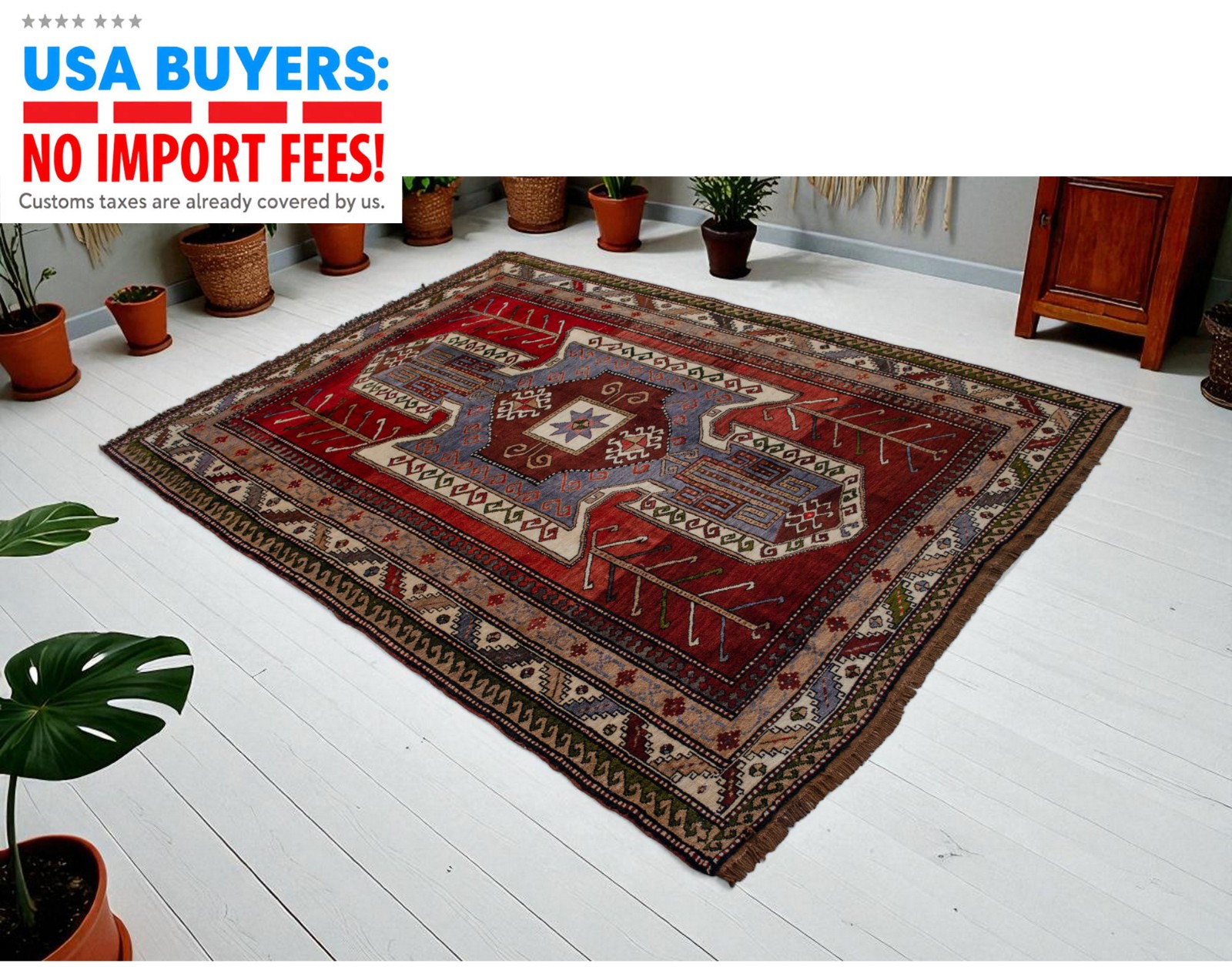 PRISTINE Unused 6'2"x8'4" Turkish Area Rug | 1960s Hand-Knotted Wool Caucasian gallery