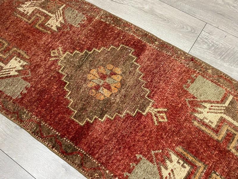 Vintage Turkish Entryway Runner Rug 1.7x4.0 Ft Hand Knotted Faded Tribal Rug gallery