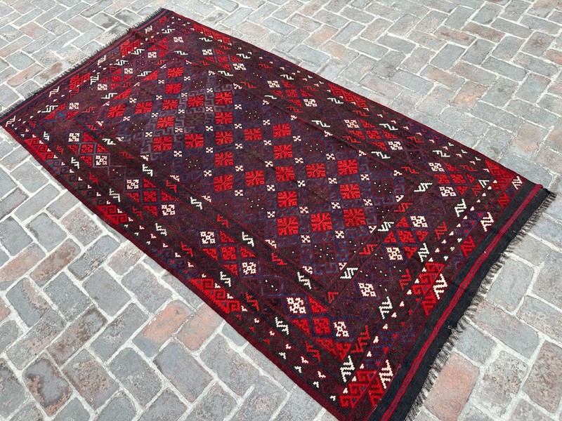 Red Afghan Kilim Rug 5'1x9'6 Handwoven Wool Tribal Geometric Flatweave Vintage gallery