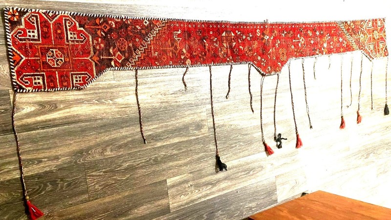 Shirvan Rug Altered To Wall Hanging Wool With Tassels 105" L x 9"-12' W gallery