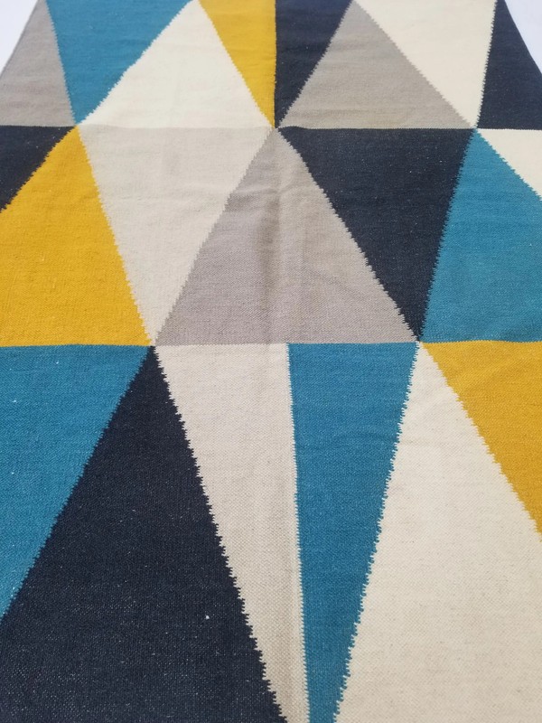 Vintage Handmade Traditional Geometric Black Beige Kilim Rug Carpet 6.4x4.6ft gallery
