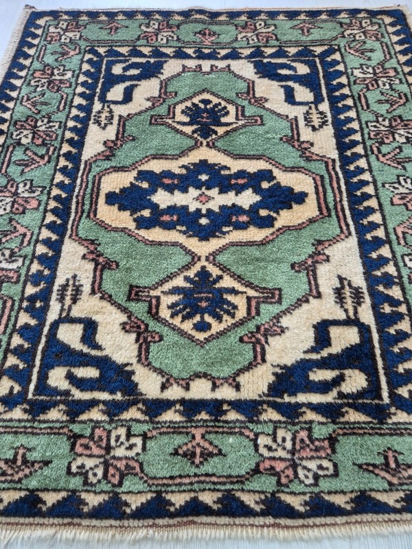 Vintage Hand-Knotted Anatolian Accent Rug 30x35”, Turkish Wool Carpet 1970s gallery