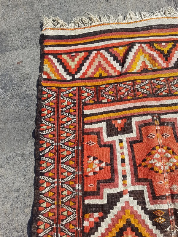 Vintage Traditional Handmade Turkish Wool Multi Kilim Rug 7.3x3.6 ft gallery