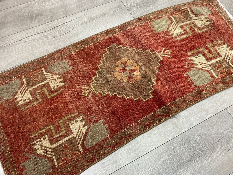 Vintage Turkish Entryway Runner Rug 1.7x4.0 Ft Hand Knotted Faded Tribal Rug gallery
