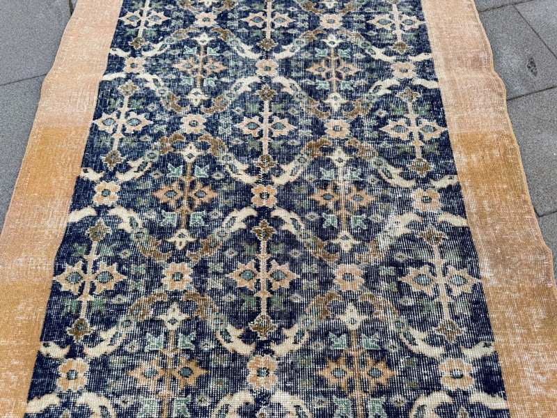 Vintage Turkish Rug 3.7x6.9 ft Blue Beige Handmade Wool Area Rug Distressed gallery