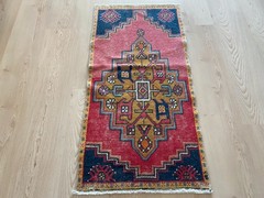 Bold Pink Turkish Vintage Small Rug 1.7 x 3.3 ft Large Geometric Medallion