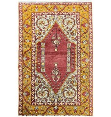Antique Turkish Prayer Rug 3×5, Melas Oushak Accent Rug, Mehrab Red Mustard Gold