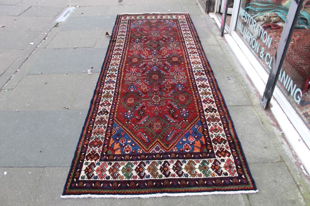 Vintage Hand Made Traditional Oriental Wool Red Blue Long Rug Runner 317x110cm