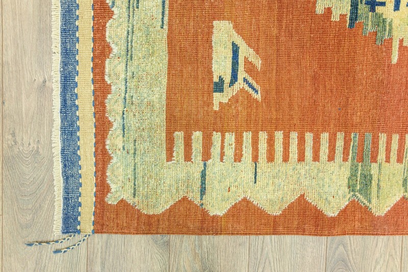 Living Room Rug 4x5 ft Turkish Oushak – Terracotta Teal Geometric Flatweave gallery