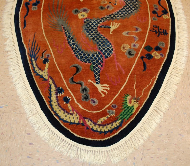 C1910s ANTIQUE ART DECO CHINESE RUG,OVAL 3.9 X 6.9 RARE DRAGON DESIGN gallery