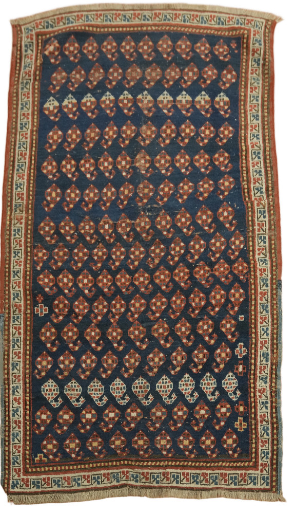 Antique 3x6 Oriental Wool Tribal All-Over Area Rug in Blue & Rust Tones