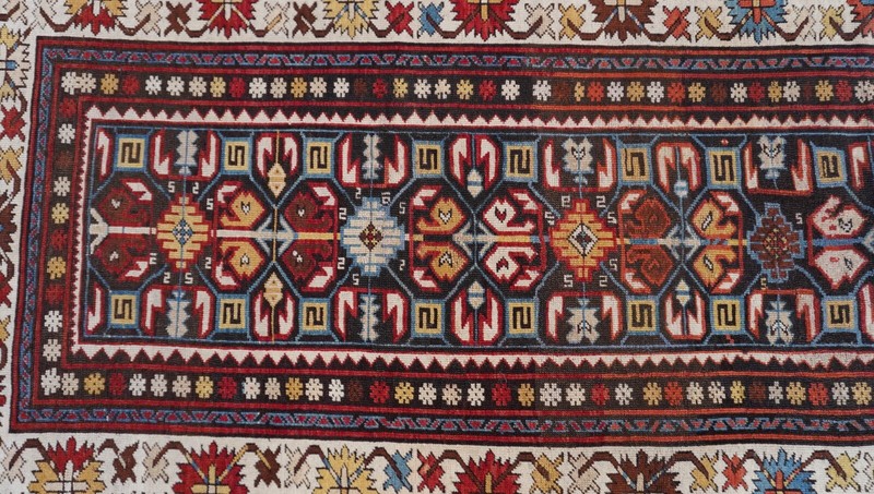Phenomenal 1880sAntique Caucasian Gendje Hand-Knotted Wool Runner Rug 3'8" x 9' gallery
