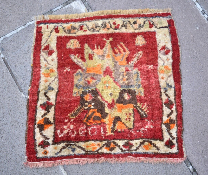 Vintage Turkish Bag Face Rug 17'' x 18'' Anatolian Oushak Bag Face Wall Rug gallery