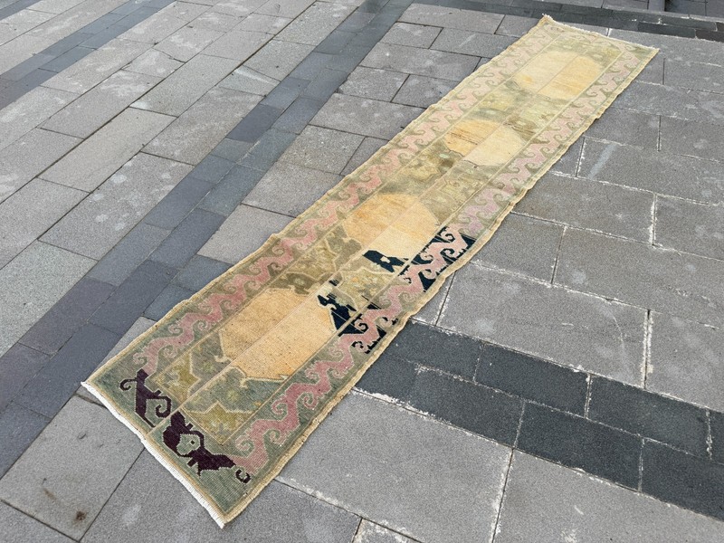 Vintage Turkish Oushak Runner Rug 2.2x10.1 Yellow Pink Hallway Kitchen Runner gallery
