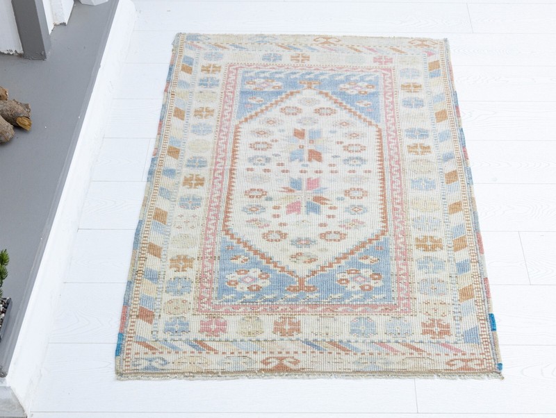 Turkish Oushak Rug, 3 x 4.7 ft, Blush Cream Blue, Romantic Pastel Vintage Decor gallery