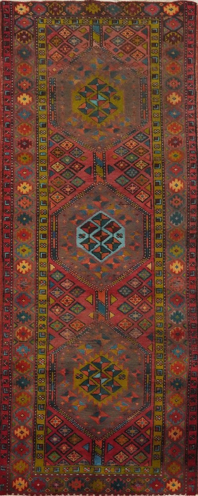 Vintage Tribal Traditional Geometric Red Wool Hand-knotted 10 ft Runner Rug 4x10