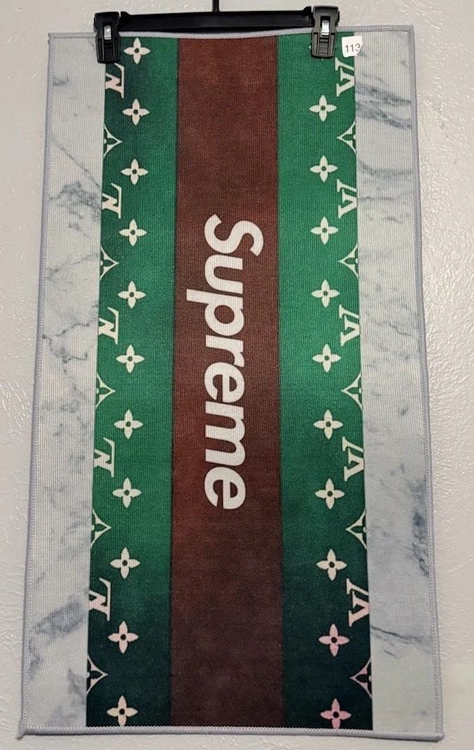 Supreme Logo Pattern Cotton Blend Hand Towel Green Brown White 32x18 in gallery
