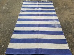 Vintage Traditional Handmade Blue and White Striped Cotton Rug 97×55 inches