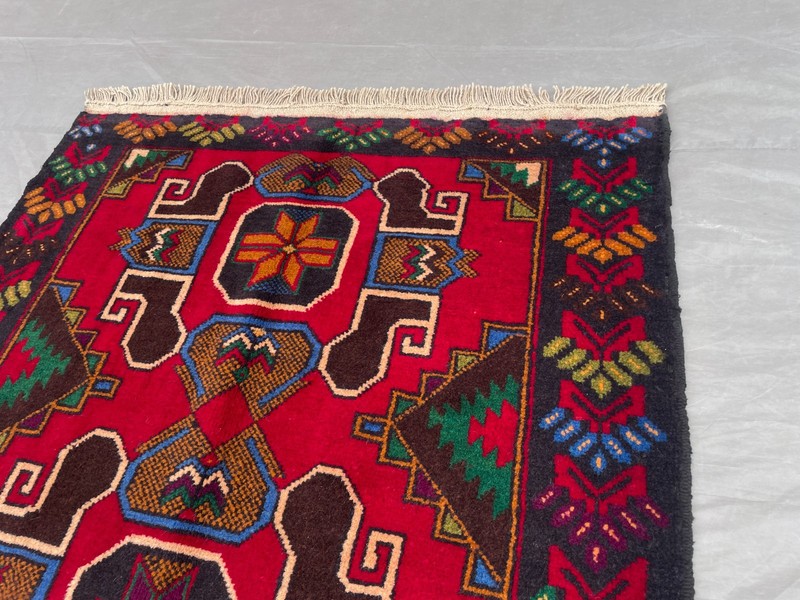 2'11x4'10 ft Vintage Afghan Baluchi HandKnotted Wool Red Triple Octagon Area Rug gallery