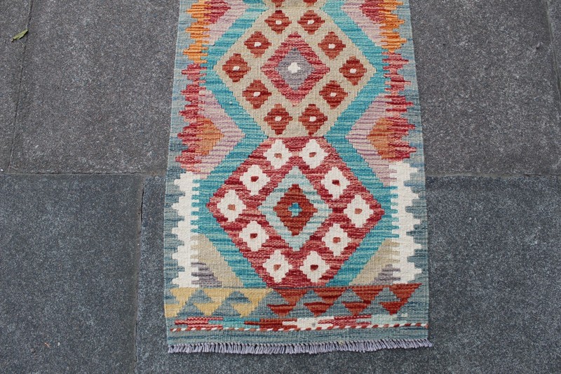 Kilim Vintage Traditional Hand Made Oriental Blue Wool Short Runner 148x52cm gallery