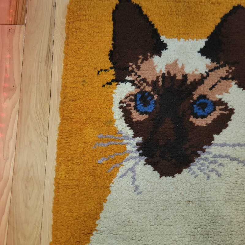Vintage Siamese Cat Shag Area Rug/ Wall Hanging 35X26 inches Vibrant Yellow Blue gallery