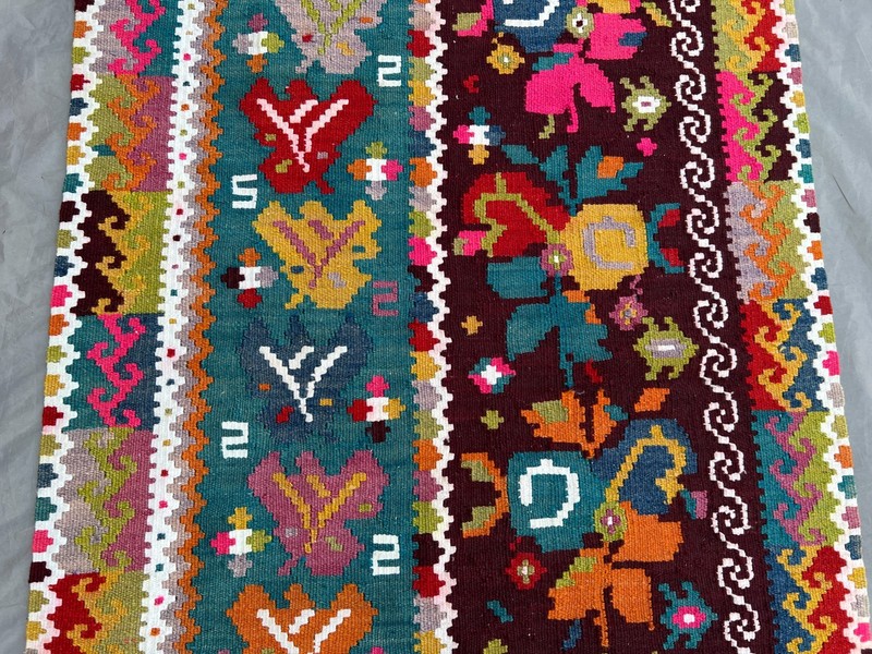 3x6'10 ft Vintage Caucasian Kilim Flatweave Wool Floral Botanical Two Panel Rug gallery