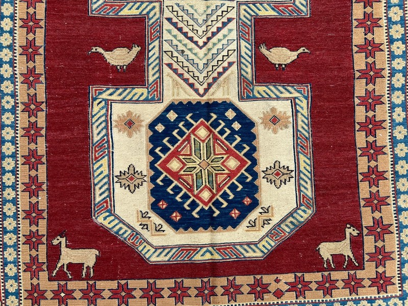Red Turkish Pictorial Soumak Rug 4'3x7'1 Handmade Wool Animal Tribal Vintage rug gallery