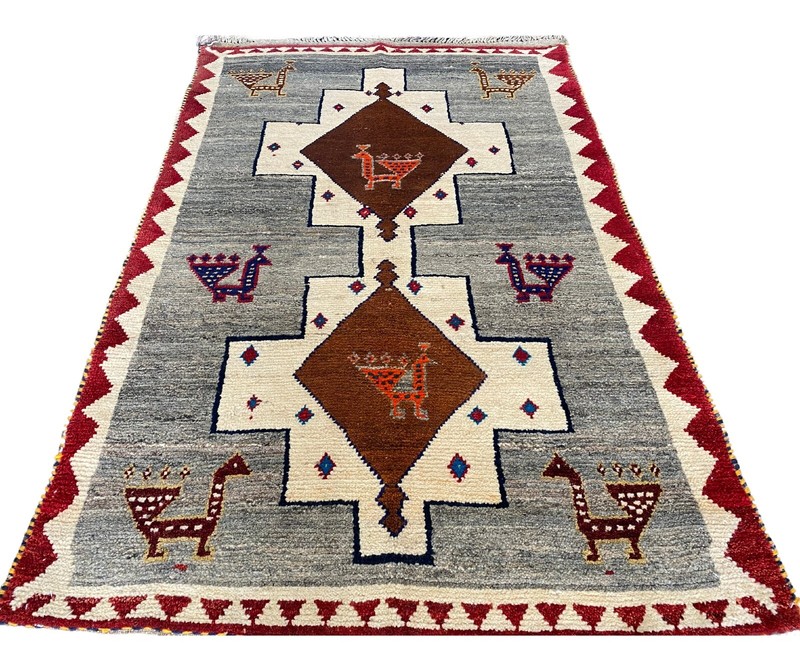 VINTAGE GABBEH RUG HAND MADE PEACOCK EASTERN WOOL GREY CARPET 5'7" X 3'3" gallery