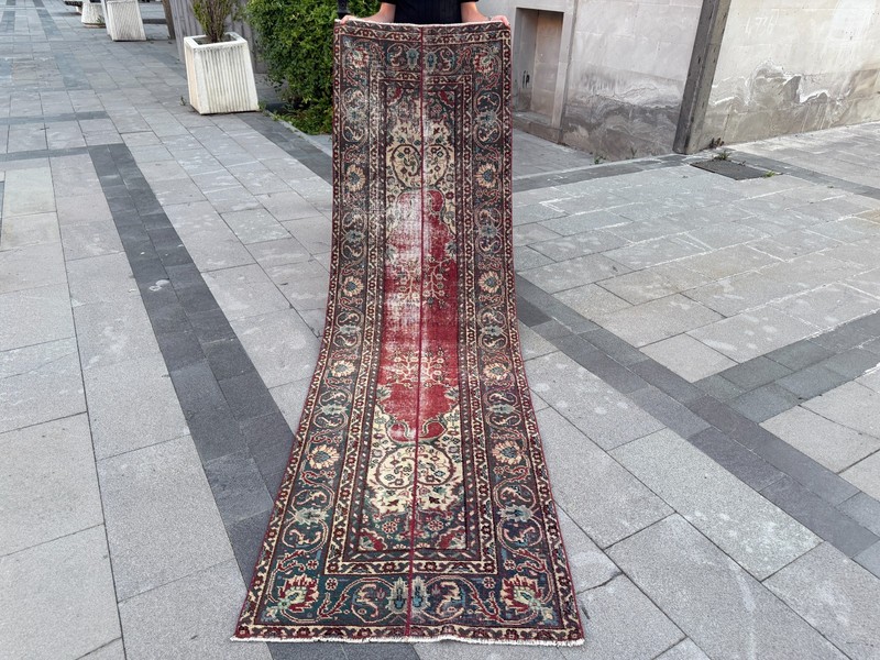 Vintage Red Turkish Runner Rug 2.8x9.7 Ft Handmade Wool Hallway Carpet Distresse gallery