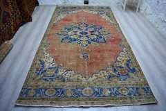 Antique Red Handmade Rug, 5.1×10.2ft, Blue Turkish Vintage Medallion Area Rug,