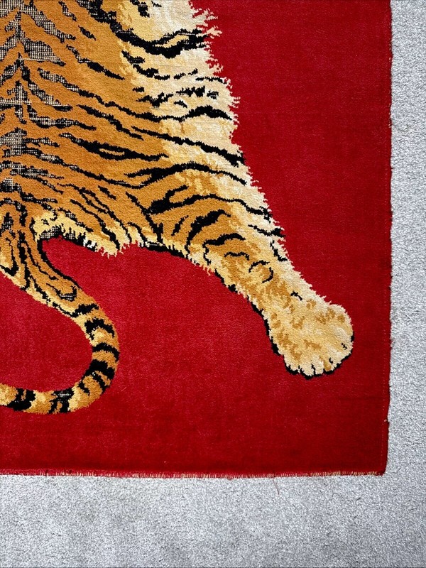 Mid-Century Belgian Moroccan Style Faux Taxidermy Bengal Tiger Red Area Rug VTG gallery