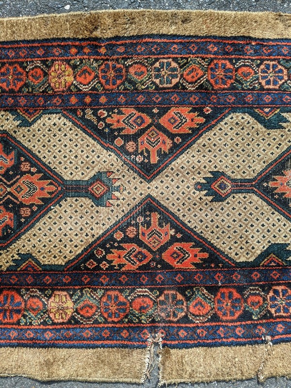 Antique 15' x 3' Runner Rug Geometric Red Tan Blue Brown Distressed gallery