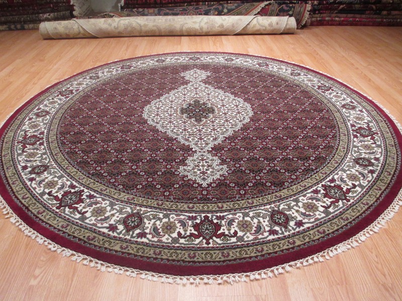 8 FEET ROUND INTRICATE MAHI IVORY/RED HANDMADE-KNOTTED WOOL/SILK RUG 583194 gallery
