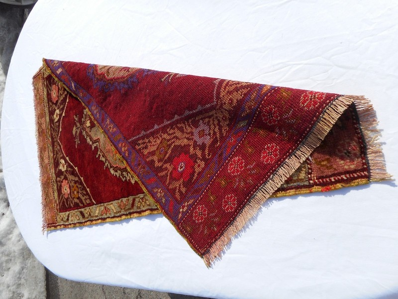 Beautiful, rich colors, Turkish vintage handmade rug 20x34" gallery