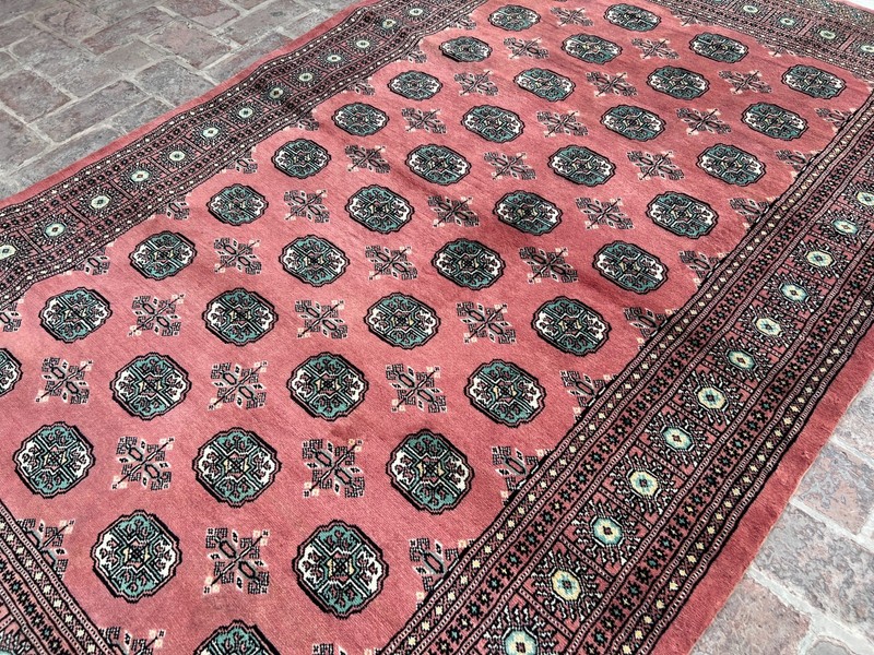 Pink Rose Green Afghan Bokhara Rug 5.2x8.3 Ft Vintage Hand Knotted Wool Area Rug gallery