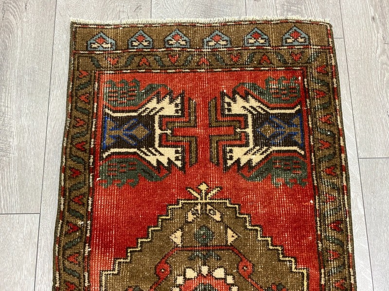 Vintage Turkish Tribal Rug 1.7x3.3 Ft Red Handwoven Anatolian Small Carpet gallery