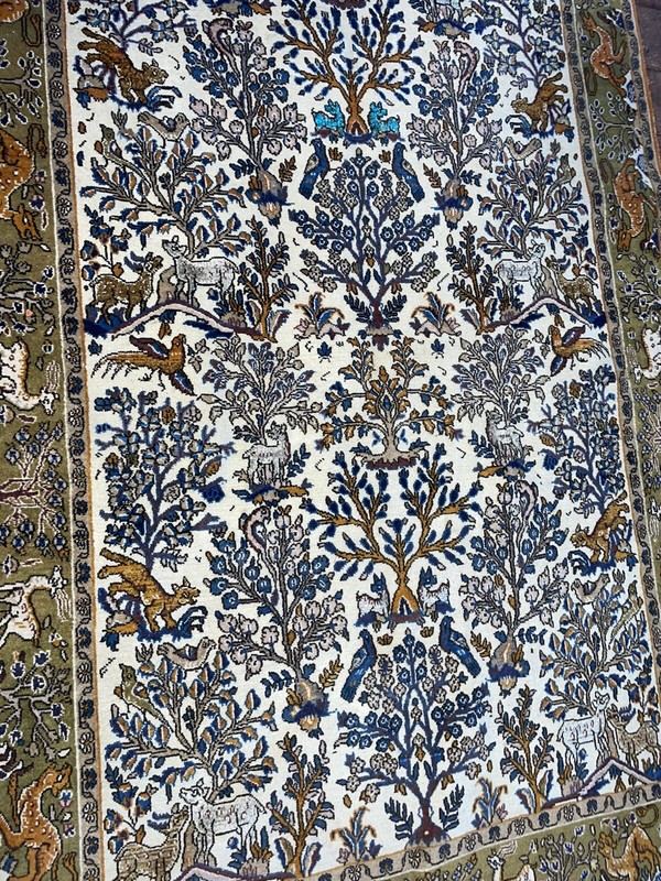 1940s Antique Rug Silk And Cotton With Animal & Tree Design gallery