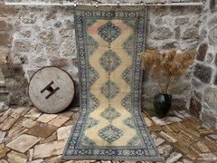 Hand-Knotted Vintage Blue Carpet 4×11 Traditional Muted Area Living Room Rug