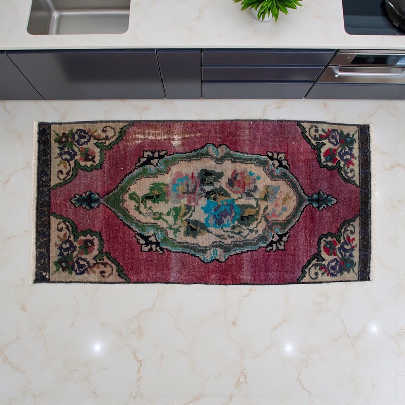 Vintage Turkish Rug Small Accent Rug - 1'5"x2'11" Burgundy Floral Small Doormat gallery