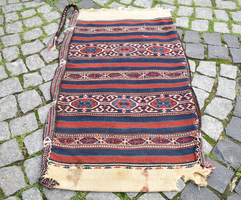 Antique Turkish Chuval Rug 25'' x 43'' Collector's Item Soumak Chuval Bag Rug gallery