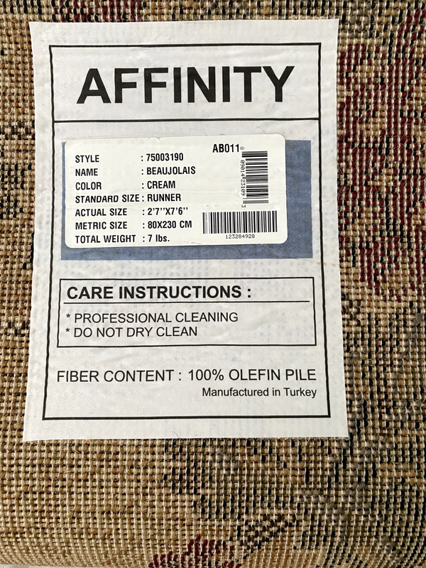 Affinity carpet runner. 2'7"x 7'6" 100% Olefin Pile. Color Cream gallery