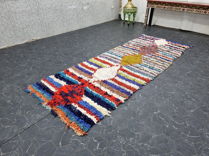 Moroccan Handmade Vintage Boucherouite 3'3"x8'7" Geometric Blue Cotton Area Rug gallery