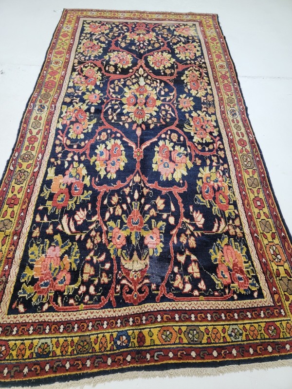 Antique Oriental Hand-Knotted Wool Area Rug Navy Blue/Red/Ivory/Gold 4' x 9' gallery