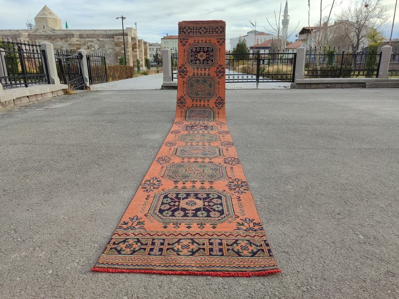 16'8" ft extra long runner rug stair hallway, Long runner Turkish Oushak vintage gallery