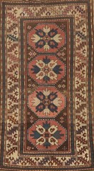 Pre-1900 Antique Geometric Kazak Vegetable Dye Rug 3×6 ft Hand-knotted Wool