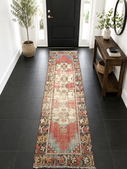 Red Antique Handmade Runner, 2.7×9.3ft, Red Bordered Oriental Entryway Rug,