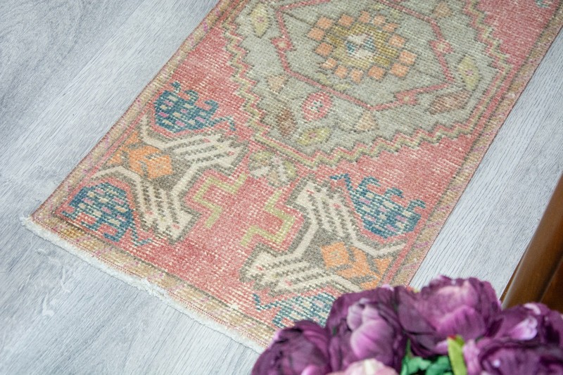 Vintage Turkish Rug 18x38 Inches, Small Modern Oushak Rug, Pink Light Color gallery