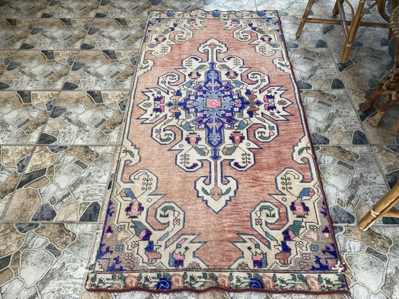 3x7 ft Vintage Turkish Area Rug Red Blue Oriental Anatolian Medallion Floral Rug gallery