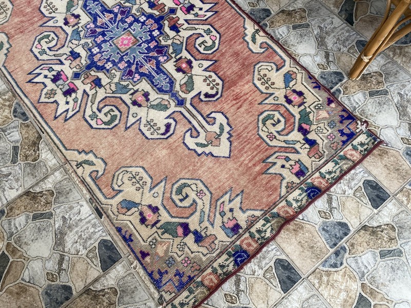 3x7 ft Vintage Turkish Area Rug Red Blue Oriental Anatolian Medallion Floral Rug gallery